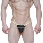 Black mesh thong with yellow elastic waistband and trim from MetroMaleWear perfect scene string tull 2014-21