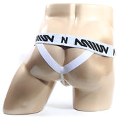 White metro male wear perfect scene y-back thong with a black logo waistband band shown from the back side