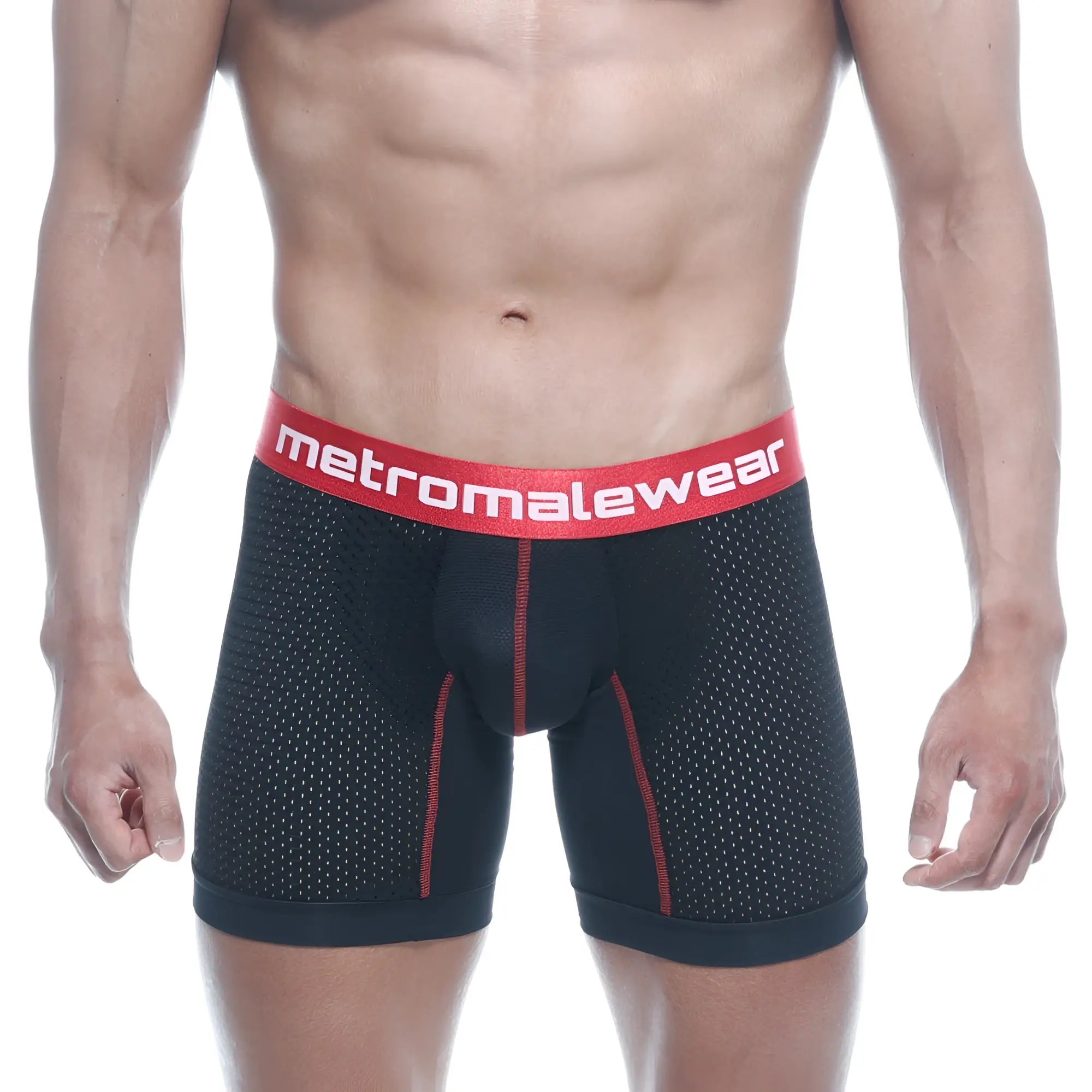 MetroMaleWear performance boxer black 2023-P20 features black mesh fabric with red trim and a bold red logo waistband