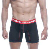 MetroMaleWear performance boxer black 2023-P20 features black mesh fabric with red trim and a bold red logo waistband