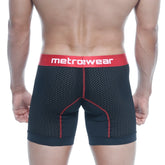 MetroMalewear performance black mesh boxer briefs with red trim and bold metrowear logo waistband 2023-P20