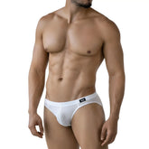 White mesh briefs with black logo waistband by metromalewear perla bikini 5103-18 for breathable comfort