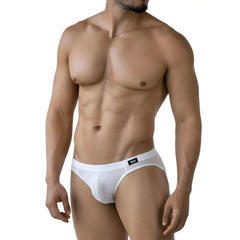 White mesh briefs with black logo waistband by metromalewear perla bikini 5103-18 for breathable comfort
