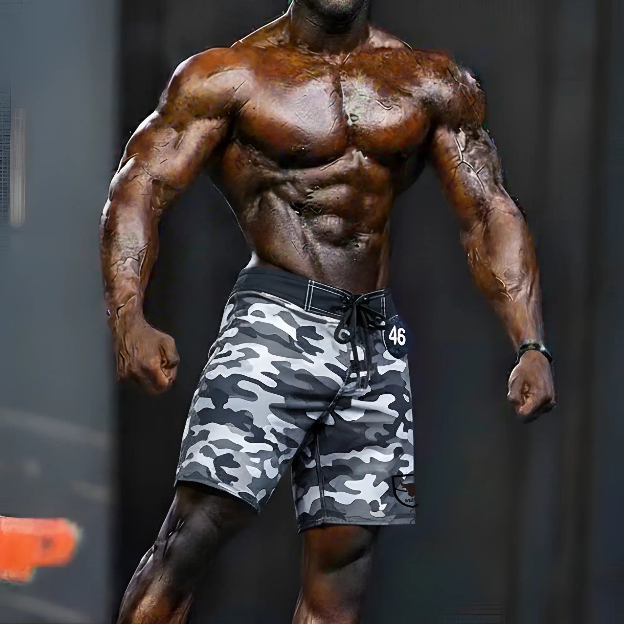 Gray and black camouflage swim trunks with drawstring waistband metro male wear physique board short camo 4706-60