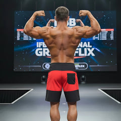 MetroMaleWear physique board short in red and black featuring a front pocket for athletic use