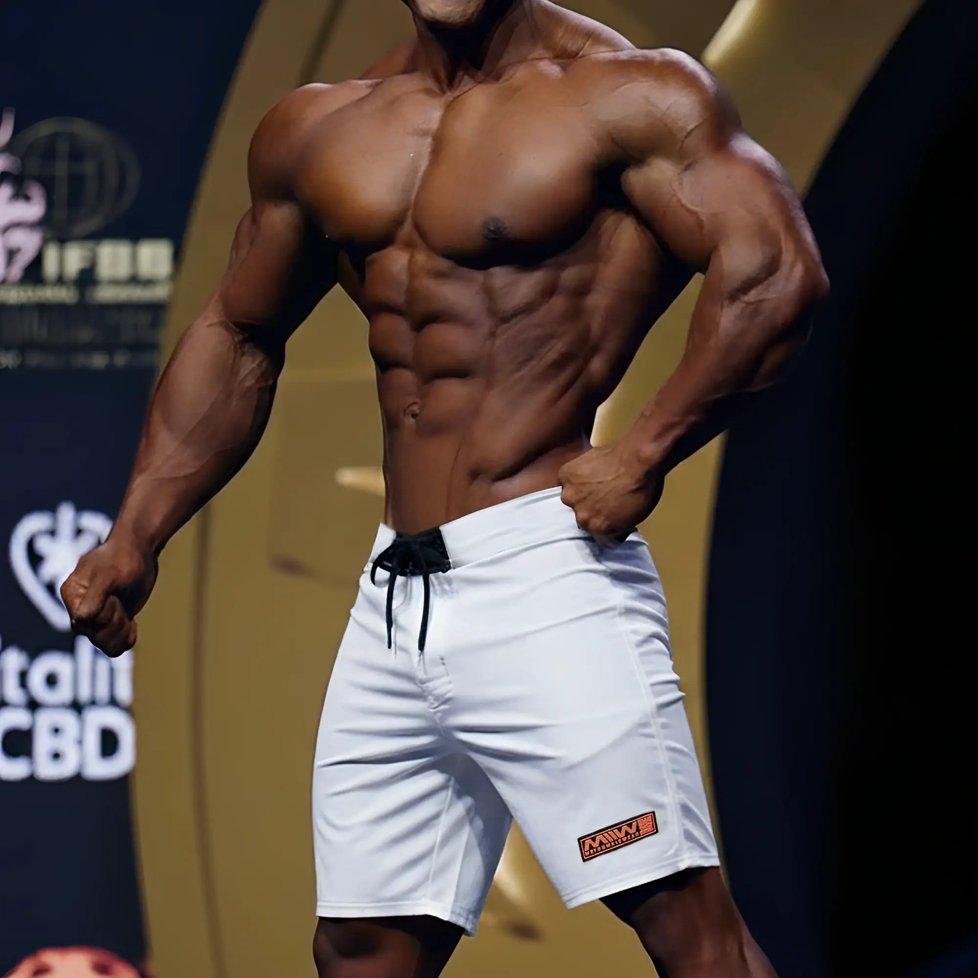 MetroMaleWear physique board short white with black drawstring and small orange logo on the lower right leg