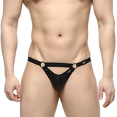Black glossy latex thong with metal rings at waistband by MetroMaleWear picante jock strap black 2921-20