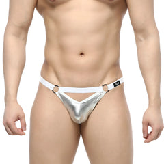Silver metallic MetroMaleWear Picante jock strap with white waistband and black circular rings front view