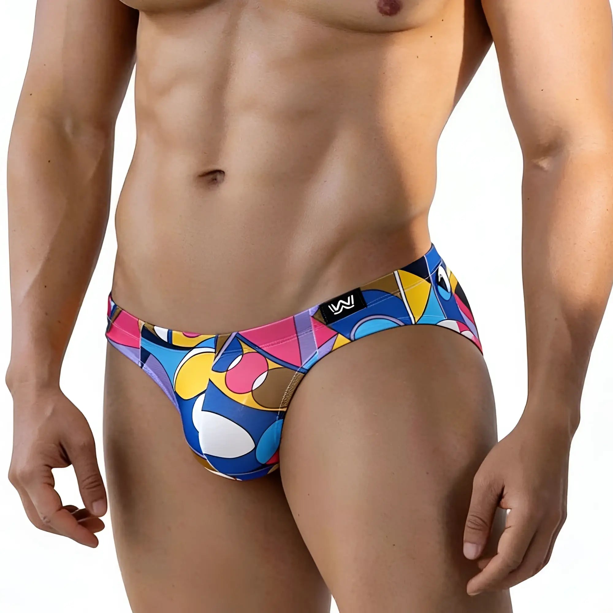 Vibrant geometric-patterned metro malewear picasso bikini 5103-m87 swim trunks in blue pink yellow white with black logo tag