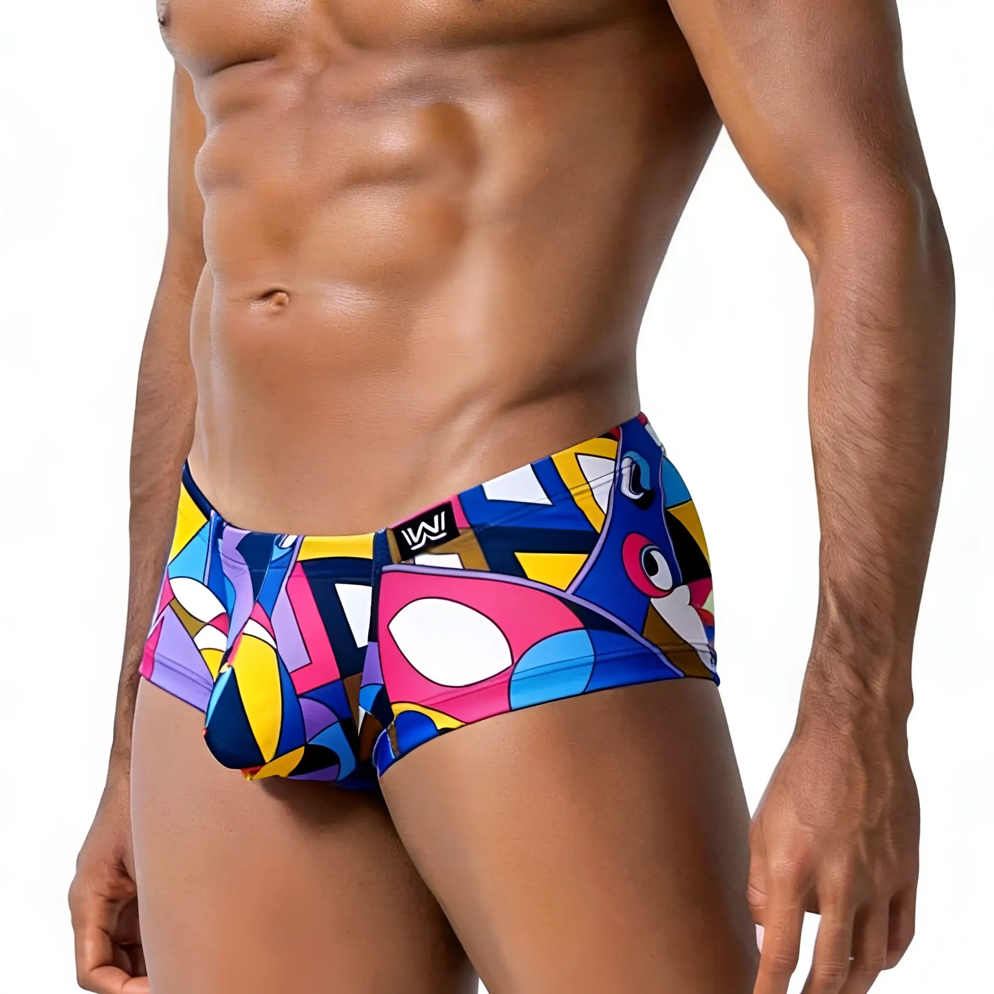 MetroMaleWear Picasso trunk 2125-51 featuring vibrant blue pink yellow and purple geometric abstract patterned swim trunks