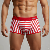 Red and white striped men’s boxer briefs with solid red waistband featuring aommy logo from metro malewear pierrot 2306-41