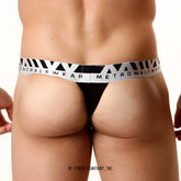 Black pima cotton hip thong with white elastic waistband and metromalewear logo featuring black triangular patterns