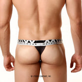 Black pima cotton hip thong with white metromalewear logo waistband and geometric patterns charcoal 3002-11