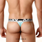 Light blue pima cotton hip thong with black and white metromalewear branded waistband front view