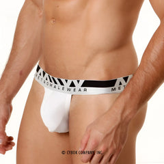 White mens briefs with black and white striped metromalewear logo waistband made of pima cotton hip thong style