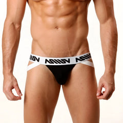 Black athletic briefs with white waistband and bold black miv branding metroMalewear pima cotton jock strap black 3001-20