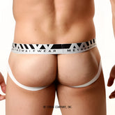 White metromalewear pima cotton jock strap briefs with black and white geometric patterned waistband
