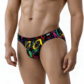 Black metro malewear pinaculo bikini 5103-m85 swim trunks with neon pink yellow green and red graffiti graphic