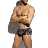 Black briefs metro male wear pinaculo trunk 2125-85 with vibrant rainbow graffiti pattern and white waistband logo