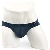 Dark blue sleek form-fitting men’s briefs with subtle textured fabric metro male wear pinerolo bikini 5103-86