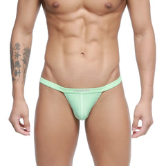 Mint green nylon thong by MetroMaleWear with a subtle brand logo on the waistband for comfortable wear