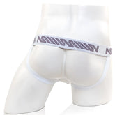 White men’s briefs with a gray patterned waistband featuring stylized lettering from MetroMaleWear pocket jock strap pine green 3201-07