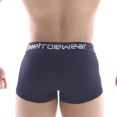 Black metrowear brief boxer with white logo waistband designed for comfortable everyday wear metro malewear pocket short
