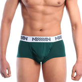 Dark green MetroMaleWear pocket short boxer briefs with white elastic waistband and gray n logo pattern