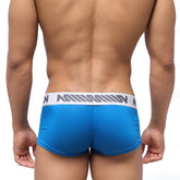 Blue athletic briefs with white waistband gray stripes and misson branding metro male wear pocket short boxer royal blue