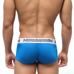 Blue athletic briefs with white waistband gray stripes and misson branding metro male wear pocket short boxer royal blue