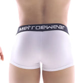 White metrowear pocket short boxer briefs with black waistband and white brand lettering MetroMaleWear 3113-00