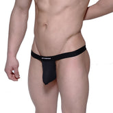 Black mesh MetroMaleWear pocket thong with solid black waistband and white metroweare branding visible from front