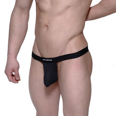 Black mesh MetroMaleWear pocket thong with solid black waistband and white metroweare branding visible from front