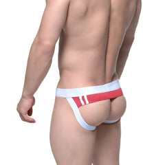 White and red athletic MetroMaleWear poderoso jock strap with two white side stripes for active support