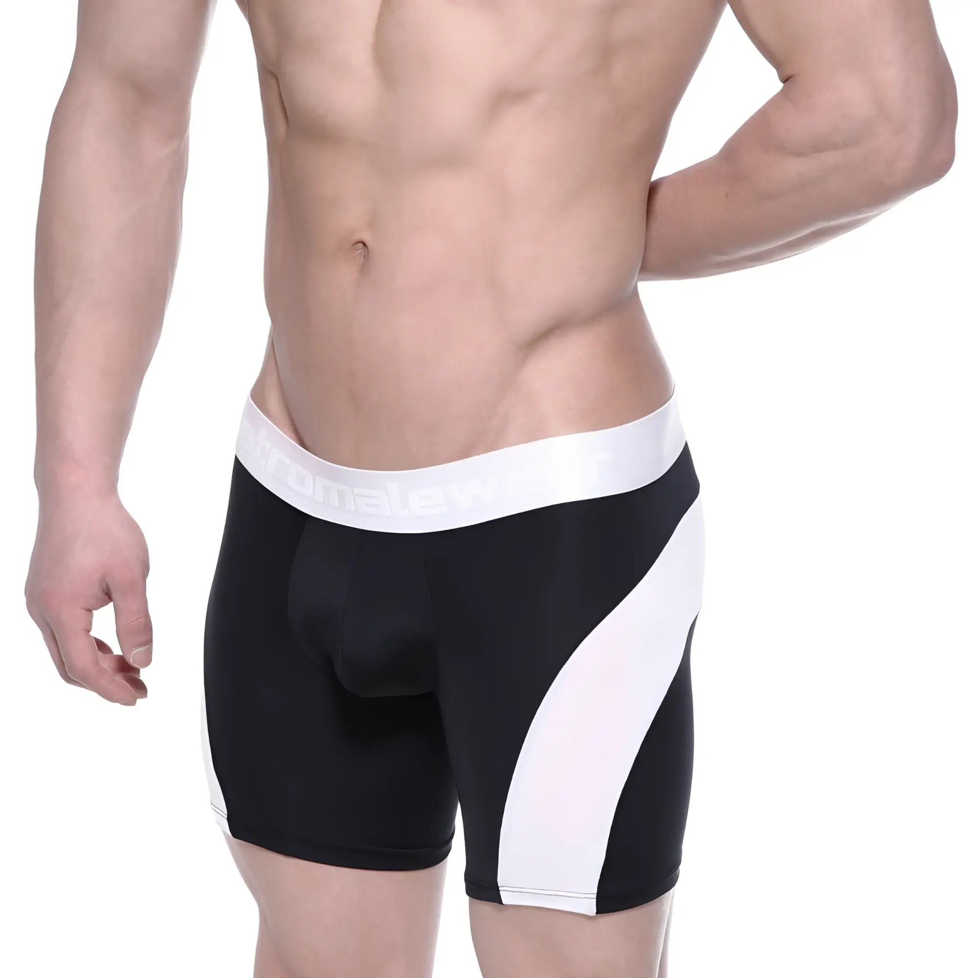 Black and white polyester athletic briefs with bold diagonal stripes from MetroMaleWear mid boxer arc 10 inch 2023-54