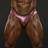Red white and blue striped american flag patterned briefs with star accents metro male wear allstar posing suit