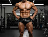 Black shiny leather gym shorts metroMalewear classic bodybuilding trunk leather 6 inch front view