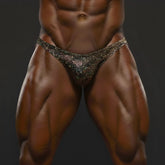 Metallic snake-scale patterned gold briefs from metromalewear peacock posing suit for bodybuilding and stage use