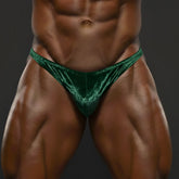 Emerald green velvet thong from metromalewear posingwear designed as a green velvet posing suit back side