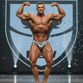 Shiny silver patterned briefs with number 93 from MetroMaleWear hologram silver posing suit for posing use