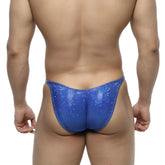 Blue sequined thong with shiny textured surface from MetroMaleWear posingwear IFBB PRO posing suit dazzling blue collection