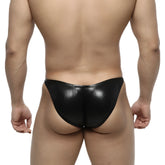 Black glossy faux leather thong with sleek minimalist design from metromalewear posingwear ifbb pro posing suit leather