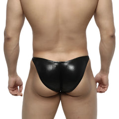 Black glossy faux leather thong with sleek minimalist design from metromalewear posingwear ifbb pro posing suit leather