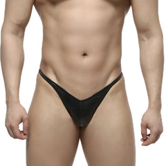 Black glossy latex thong with subtle textured pattern in metromalewear posingwear IFBB pro posing suit leather front view