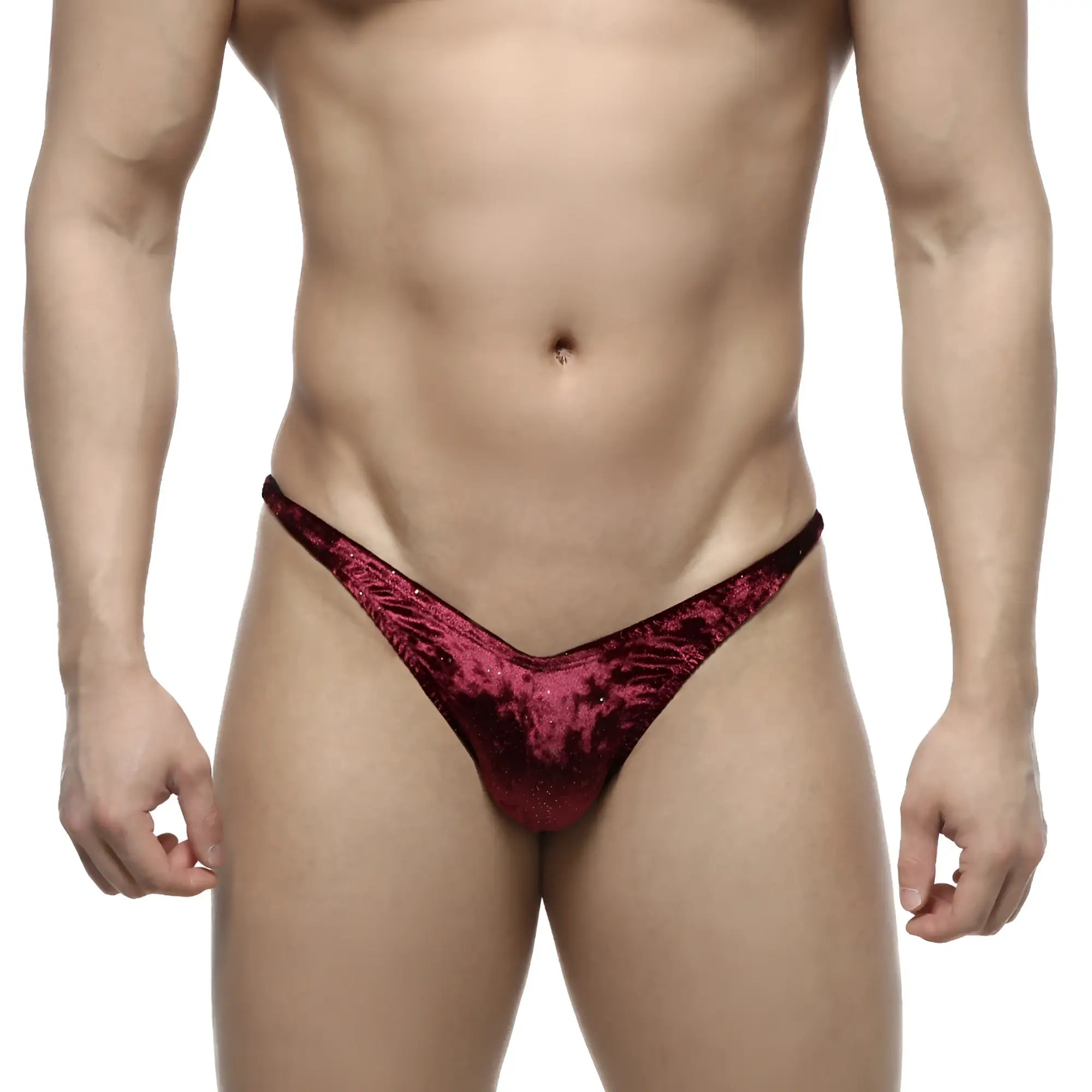 MetroMaleWear IFBB PRO deep red velvet thong with subtle texture for posing wear front view