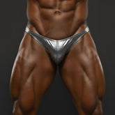 Shiny silver metallic briefs with sleek form-fitting design from metromalewear posingwear shiny black posing suit collection