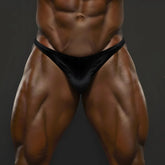 Black velvet briefs by Metromalewear PosingWear designed as a simple black velvet posing suit front view