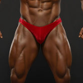 Red velvet thong with subtle lace pattern from MetroMaleWear posingwear simple RED velvet posing suit front view