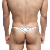 White thong with black geometric pattern and small metallic logo at center from metromalewear pouch thong caballero 2302-03