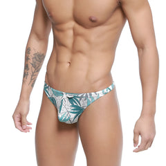 MetroMaleWear pouch thong meadow 2302-10 teal and white tropical leaf pattern men’s briefs front view